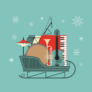 Musical instruments in Christmas sleigh flat vector icon.